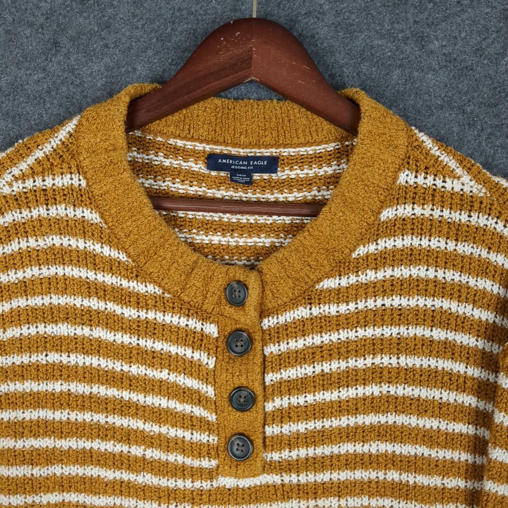 American Eagle Mustard Yellow Striped Henley Sweater Jegging Fit Womens Small - Picture 6 of 11